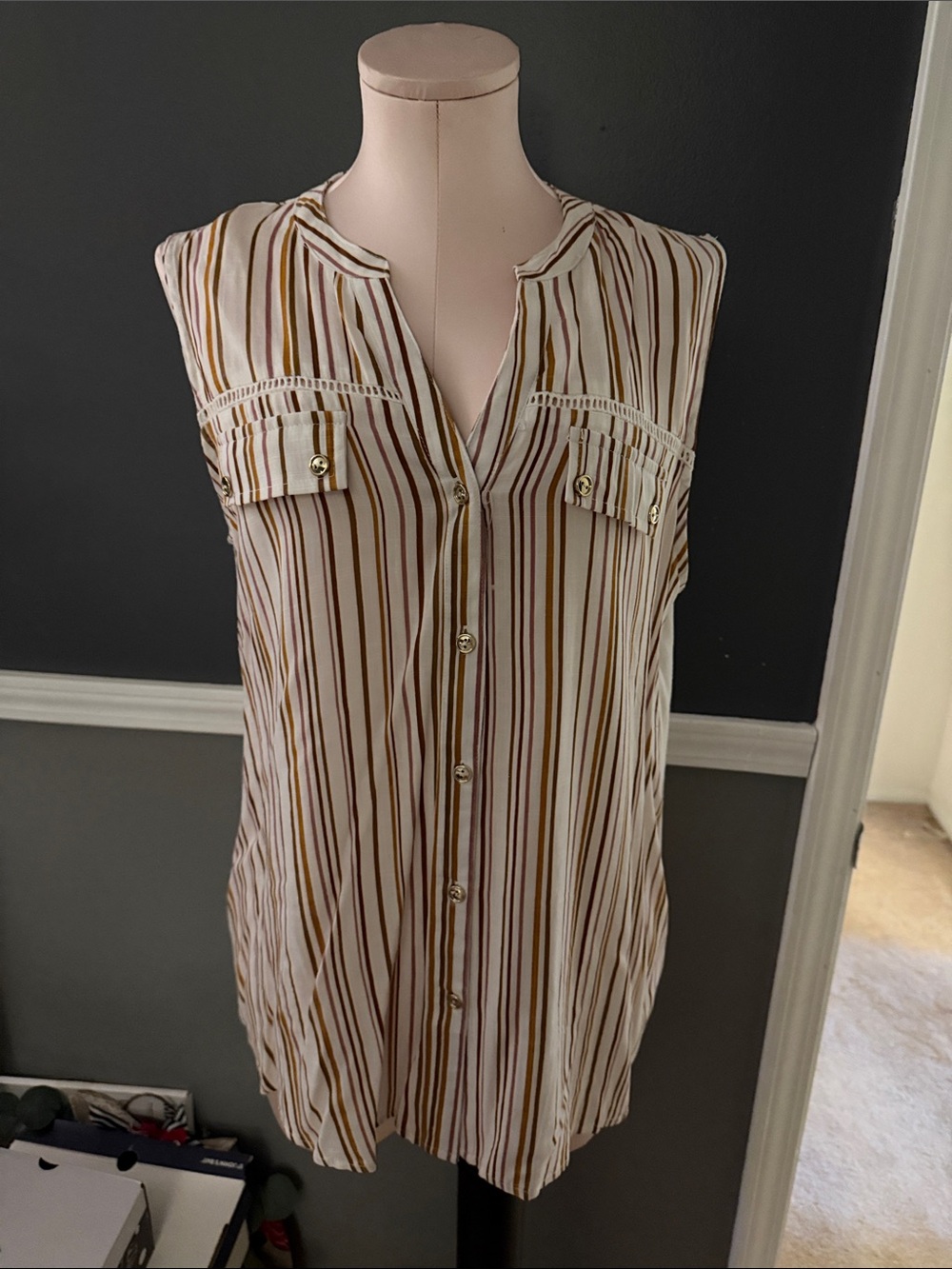 Striped Sleeveless Button-Front Blouse in Cream and Brown